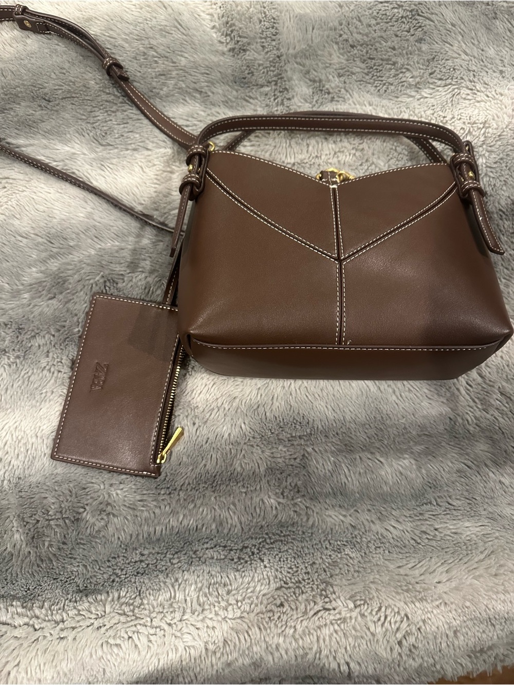 Zara Brown Leather Crossbody with Zip Pouch